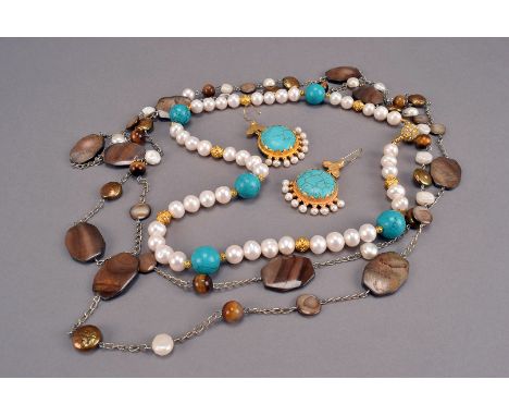 A modern freshwater pearl and turquoise bead necklace with associated earrings, together with a pair of mother of pearl, blis