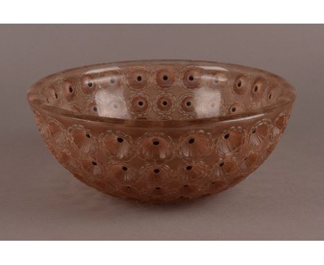 A Lalique frosted pink glass bowl, ‘Nemours’ design, executed c.1929 in thick frosted pink glass, the flower heads with ename