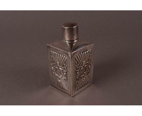 A late Victorian silver tea caddy from mappin & Webb, squared with embossed designs, London 1897, with cap (2)