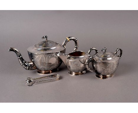 An Art Deco period Chinese white metal tea set, having bamboo design with bamboo effect handles, comprising teapot, milk jug,