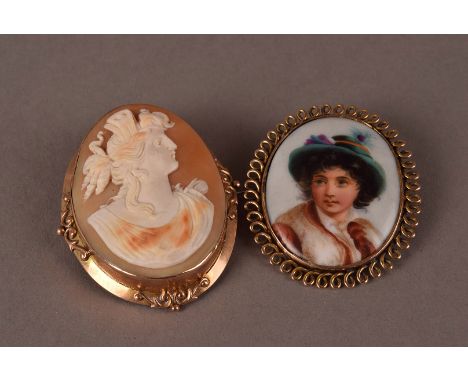 Two vintage brooches, including a 9ct gold mounted carved shell cameo, together with a yellow metal mounted Berlin style porc
