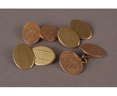 Two pairs of vintage 9ct gold cufflinks, one oval panels bearing engraved Russell family crest with goat over motto of Che Sa