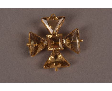 A fine gold and citrine brooch cum pendant, in the form of a Maltese cross, set with shaped light yellow stones, 3.5cm