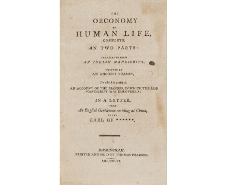 NO RESERVE Provincial printing.- Dodsley (Robert) The oeconomy of human life, complete, in two parts: translated from an Indi