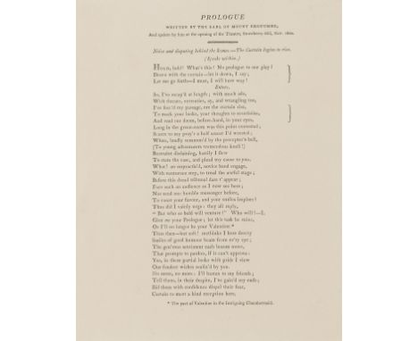 NO RESERVE Strawberry Hill.- Prologue, written by the Earl of Mount Edgcumbe, and spoken by him at the opening of the theatre