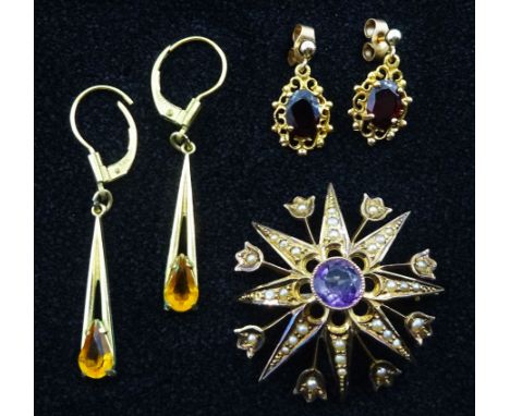 Edwardian gold amethyst and split pearl brooch, stamped 9ct, pair of 9ct gold garnet pendant stud earrings, hallmarked and on