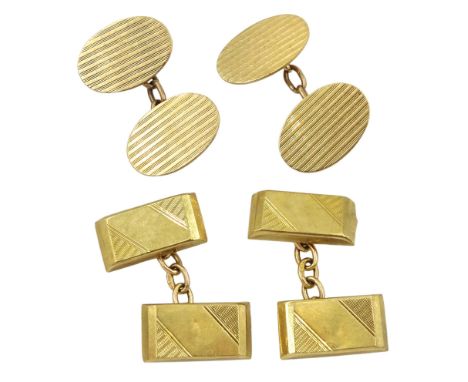 Pair of gold oval cufflinks and one other pair of gold rectangular cufflinks, both with engine turned decoration and both hal