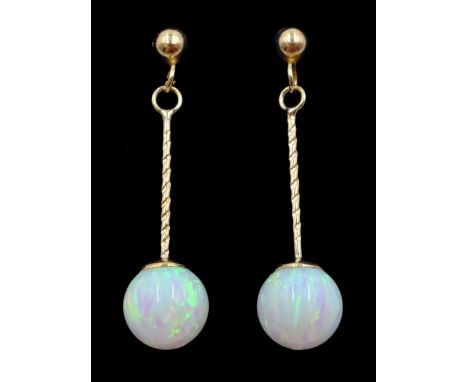 Pair of 9ct gold opal pendant earrings, stamped 375