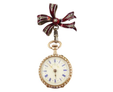 Swiss 14ct gold open face keyless cylinder ladies fob watch, white enamel dial with Roman numerals, guilloche red enamel deco