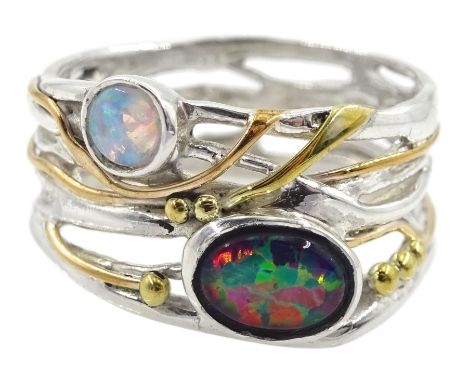 Silver and 14ct gold wire opal ring, stamped 925