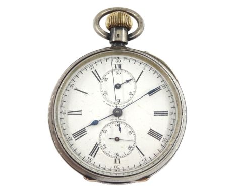 19th century Swiss silver open face keyless chronograph pocket watch by P. Orr &amp; Sons, Madras, white enamel dial with Rom