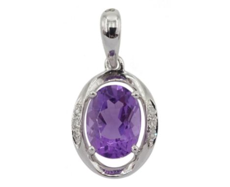 9ct white gold amethyst and diamond pendant, stamped 375