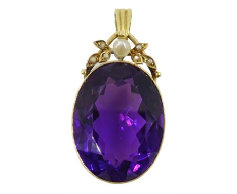 14ct gold oval amethyst and pearl pendant