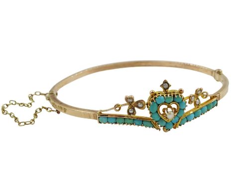 Edwardian 9ct rose gold turquoise and split seed pearl heart bangle, Birmingham 1901