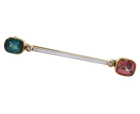 Early 20th century Austrian 14ct gold tourmaline, diamond and white enamel bar brooch, each end set with a green and pink tou