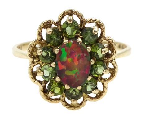 9ct gold opal triplet and peridot cluster ring, hallmarked