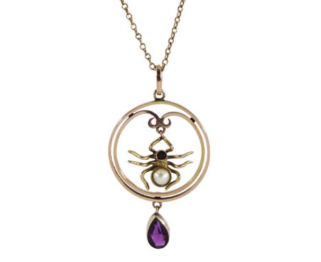 Late Victorian/ Edwardian amethyst and split pearl spider pendant necklace