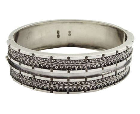 Victorian silver hinged bangle, with applied filigree decoration by Cornelius Desormeaux Saunders &amp; James Francis Holling
