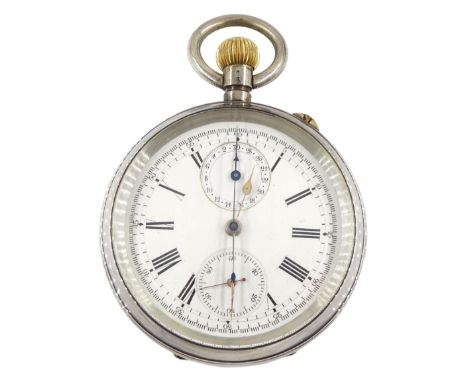 19th century Swiss silver open face keyless chronograph pocket watch, white enamel dial with Roman numerals, centre seconds a