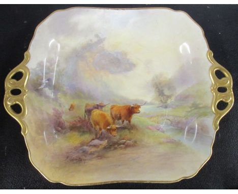 A Royal Worcester square dish, with twin handles, decorated with Highland cattle in a landscape by J Stinton, width 11ins - s