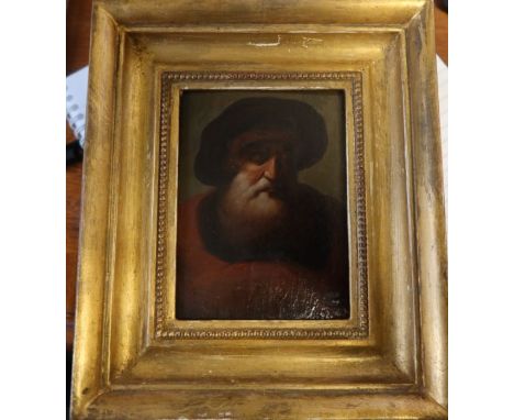 A 19th century oil on panel, portrait of a man with hat and beard, 4.75ins x 3.5ins