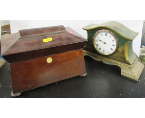 A 19th century rosewood sarcophagus tea caddy, fitted with two covered compartments, together with an Elkington mantel clock 