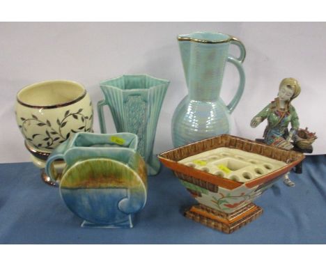 A Myott &amp; Son diamond shaped vase, together with other 20th century jugs and vases and an Oriental figure