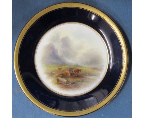 A Royal Worcester plate, painted with Highland cattle by J Stinton,&nbsp;diameter 9.25ins