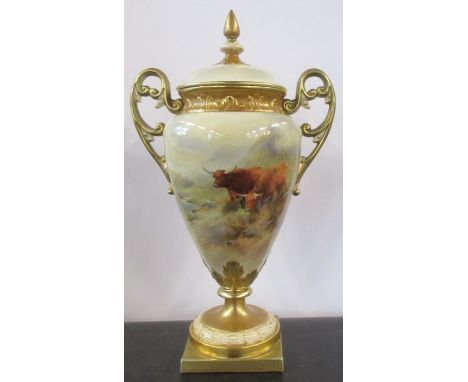 A Royal Worcester vase and cover, decorated with Highland cattle in a landscape&nbsp;by John Stinton, shape number shape numb