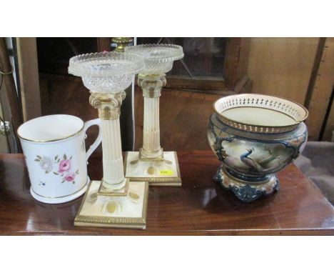 A pair of Royal Worcester blush ivory Corinthian column candlesticks, with glass sconces, af, height 8ins, together with a Ha