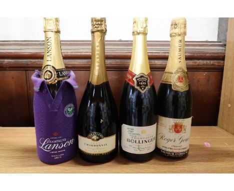 A bottle of Lanson Brut Champagne in Wimbledon Tennis Championships jacket, a bottle of Roger Gouin Cremant Appellation Saumu