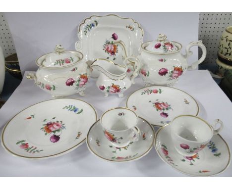 A 19th century English porcelain part tea service, comprising tea pot, covered sugar bowl, jug, a square plate. two other pla