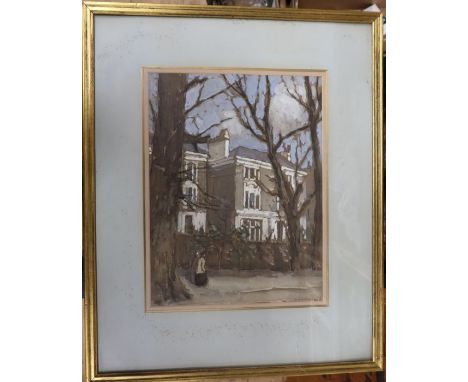 H M Livens, watercolour, house and figures, 14.5ins x 11ins
