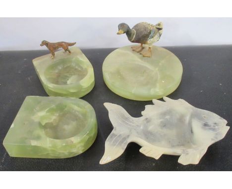 A cold painted bronze model, of a mallard duck on green base, together with another of a red setter on base and another base
