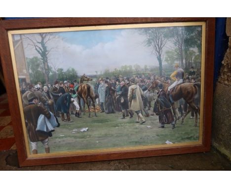 Two Victorian colour prints, racing scenes with figures, jockeys and horses, 21.5ins x 33ins and 19.5ins x 28.5ins