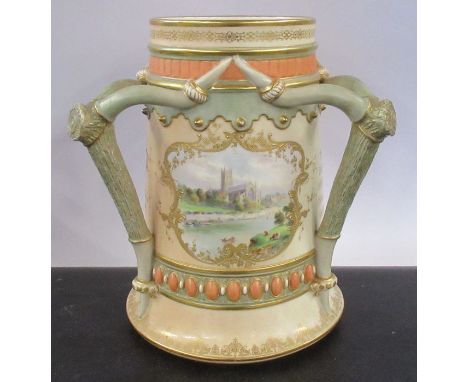 A Royal Worcester presentation trophy, decorated with three panels painted with fruit and a view of Worcester church&nbsp;by 