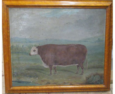 William Payne,&nbsp;oil on canvas, 19th century portrait of a primitive bull in landscape, 19.5ins x 24ins