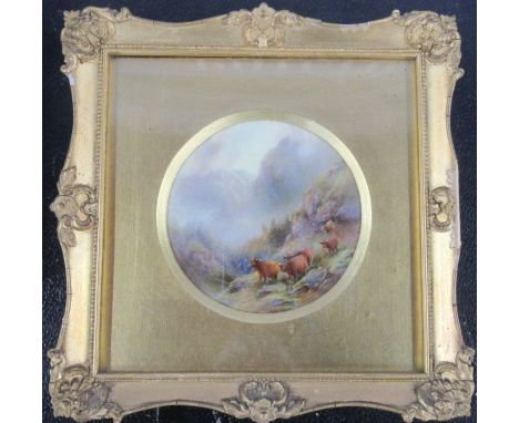 A framed Royal Worcester circular plaque, decorated with Highland Cattle in landscape by John Stinton, diameter 4.5ins -&nbsp