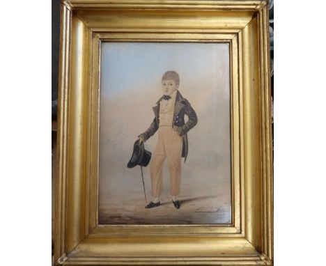 Richard Dighton, watercolour, full length portrait of a 19th century gentleman holding a black hat, dated 1805, 14ins x 10ins