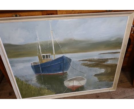 A Thistlethwaite, eight oils on canvas. Subjects - Country Lane, Seascape, Boats, Farmer, Cows and Dog, Figure by Shore, Wood