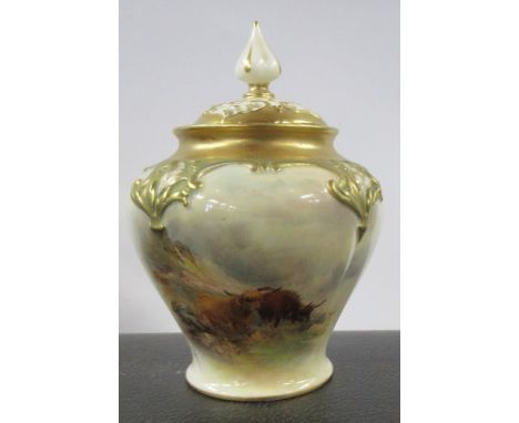 A Royal Worcester covered pot pourri, decorated to the front with Highland cattle in landscape by H Stinton, shape number H27
