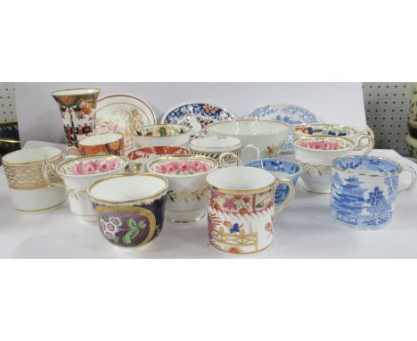 A collection of 19th century English porcelain, to include a Spode 967 pattern trumpet vase, three cups decorated with pink r