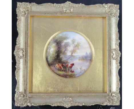 A framed Royal Worcester circular plaque, painted with lowland cattle in a landscape by John Stinton, titled On the Thames to
