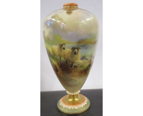 A Royal Worcester vase, decorated to the front with sheep in landscape by Harry Davis, with piercing to the top, missing the 