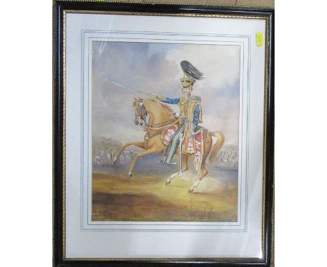 A 19th century watercolour, 10th Hussars, portrait of a military figure on horseback, 13ins x 10.5ins