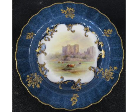 A Royal Worcester dish, decorated with a view of Kenilworth Castle with cattle in the foreground by J Stinton, diameter 8.5in