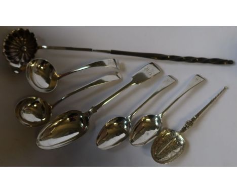 A pair of Georgian silver dessert spoons, engraved with an initial, together with two Georgian silver sauce ladles, a fiddle 