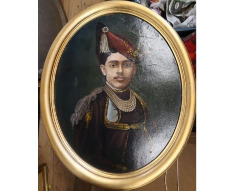 An oil on board, oval portrait of an Indian nobleman, maximum diameter 19ins