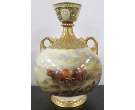 A Royal Worcester twin handled vase, decorated with Highland cattle in landscape by John Stinton, shape number 1109, height 1