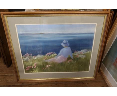 A Thistlethwaite, six pastels. Subjects - Girl and Boat, Children playing, Woman by Sea, Woman and Children, Man and Boy with